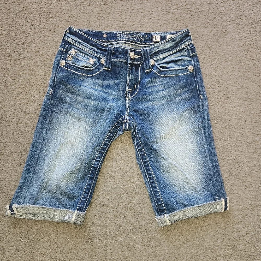 MISS ME Women's Bermuda Shorts Size 14 Blue Denim Cutoffs Rhinestones Bling - Picture 1 of 12